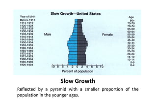 Slow Growth
Reflected by a pyramid with a smaller proportion of the
population in the younger ages.
 