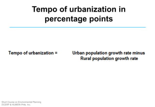 Tempo of urbanization in
percentage points
Short Course on Environmental Planning
DCERP & HUMEIN Phils. Inc.
 