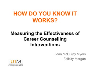 HOW DO YOU KNOW IT
      WORKS?

Measuring the Effectiveness of
    Career Counselling
        Interventions
                   Joan McCurdy Myers
                        Felicity Morgan
 