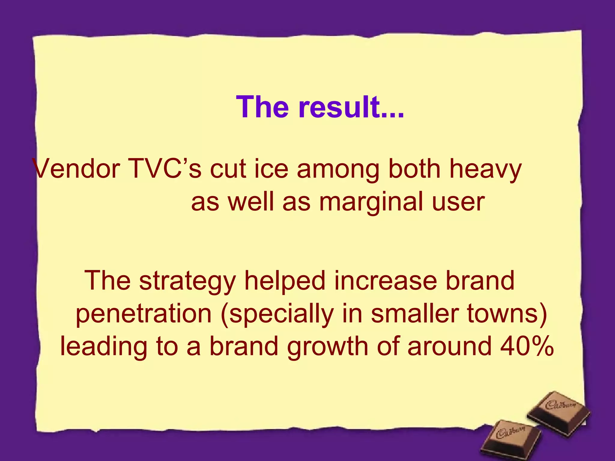 The result... Vendor TVC’s cut ice among both heavy  as well as marginal user The strategy helped increase brand penetration (specially in smaller towns) leading to a brand growth of around 40%  