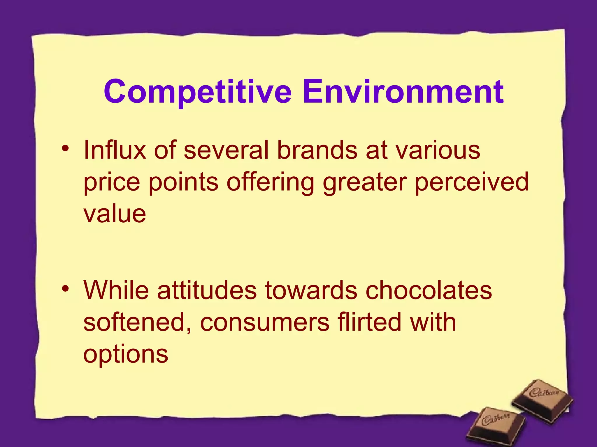 Competitive Environment Influx of several brands at various price points offering greater perceived value While attitudes towards chocolates softened, consumers flirted with options 