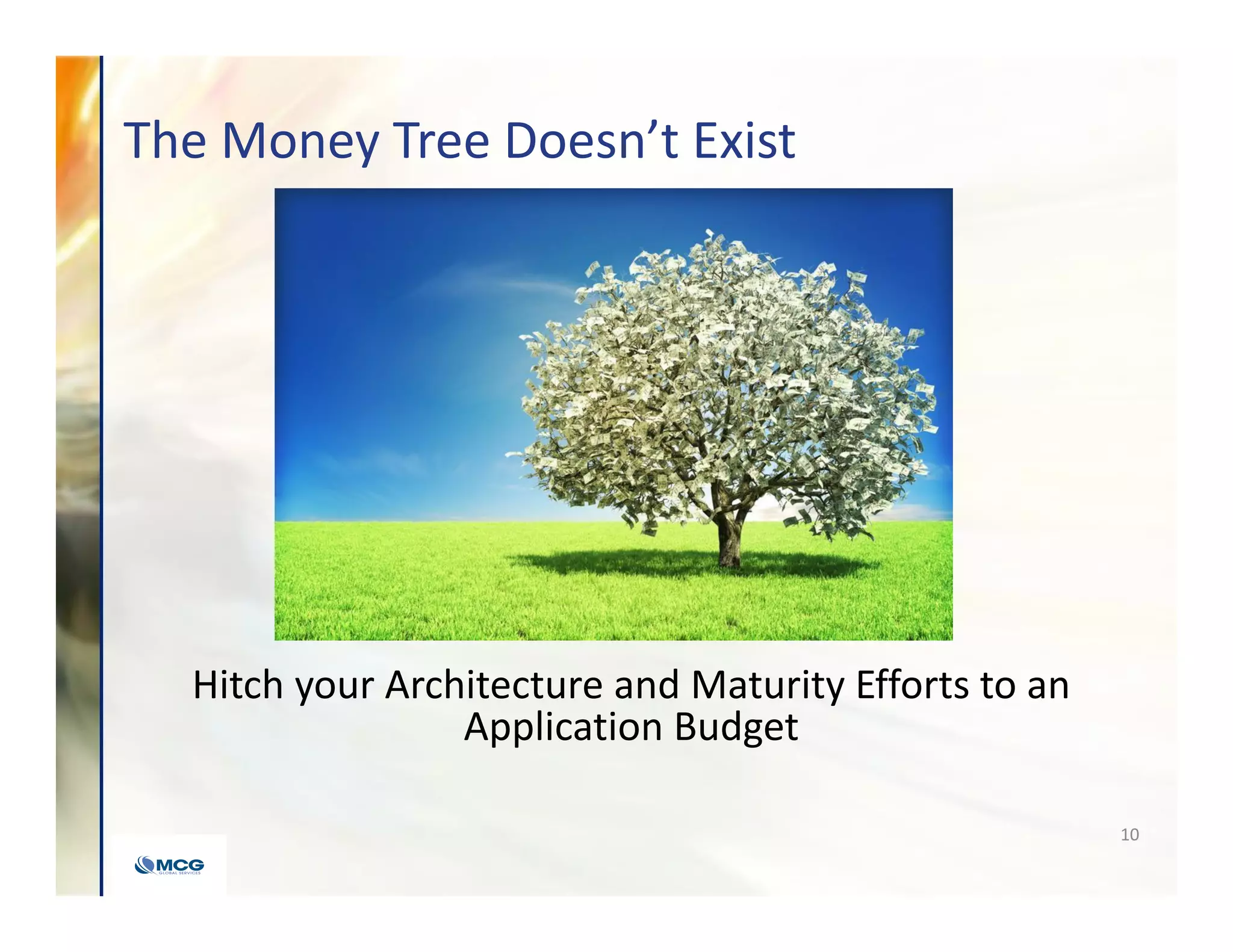 The Money Tree Doesn’t Exist
Hitch your Architecture and Maturity Efforts to an
Application Budget
10
 