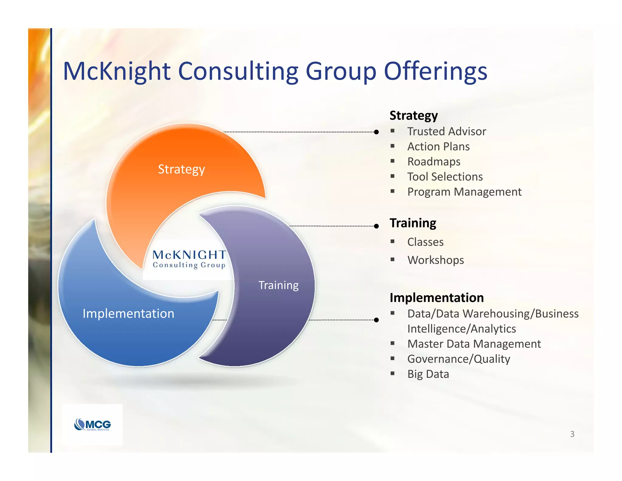McKnight Consulting Group Offerings
Strategy
Training
Strategy
 Trusted Advisor
 Action Plans
 Roadmaps
 Tool Selections
 Program Management
Training
 Classes
 Workshops
Implementation
 Data/Data Warehousing/Business
Intelligence/Analytics
 Master Data Management
 Governance/Quality
 Big Data
Implementation
3
 