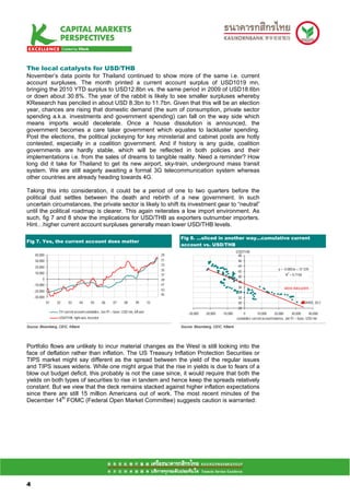 The local catalysts for USD/THB
November’s data points for Thailand continued to show more of the same i.e. current
account surpluses. The month printed a current account surplus of USD1019 mn,
bringing the 2010 YTD surplus to USD12.8bn vs. the same period in 2009 of USD18.6bn
or down about 30.8%. The year of the rabbit is likely to see smaller surpluses whereby
KResearch has penciled in about USD 8.3bn to 11.7bn. Given that this will be an election
year, chances are rising that domestic demand (the sum of consumption, private sector
spending a.k.a. investments and government spending) can fall on the way side which
means imports would decelerate. Once a house dissolution is announced, the
government becomes a care taker government which equates to lackluster spending.
Post the elections, the political jockeying for key ministerial and cabinet posts are hotly
contested, especially in a coalition government. And if history is any guide, coalition
governments are hardly stable, which will be reflected in both policies and their
implementations i.e. from the sales of dreams to tangible reality. Need a reminder? How
long did it take for Thailand to get its new airport, sky-train, underground mass transit
system. We are still eagerly awaiting a formal 3G telecommunication system whereas
other countries are already heading towards 4G.

Taking this into consideration, it could be a period of one to two quarters before the
political dust settles between the death and rebirth of a new government. In such
uncertain circumstances, the private sector is likely to shift its investment gear to “neutral”
until the political roadmap is clearer. This again reiterates a low import environment. As
such, fig 7 and 8 show the implications for USD/THB as exporters outnumber importers.
Hint…higher current account surpluses generally mean lower USD/THB levels.

                                                                                                 Fig 8. …sliced in another way…cumulative current
Fig 7. Yes, the current account does matter
                                                                                                 account vs. USD/THB
                                                                                                                                 USD/THB
     40,000                                                                                 29                                    48
     30,000                                                                                 31                                    46
                                                                                            33                                    44
     20,000
                                                                                            35                                                                  y = -0.0003x + 37.339
     10,000                                                                                                                       42                                    2
                                                                                            37                                    40                                  R = 0.7158
          0                                                                                 39
                                                                                                                                  38
     -10,000                                                                                41
                                                                                                                                  36                                 latest data point
     -20,000                                                                                43
                                                                                                                                  34
                                                                                            45
     -30,000                                                                                                                      32
               01   02      03      04      05       06      07      08      09        10                                         30                                               34455, 30.2
                                                                                                                                  28
                     TH current account cumulative, Jan 91 = base, USD mn, left axis                 -30,000   -20,000   -10,000     0          10,000       20,000       30,000      40,000
                     USD/THB, right axis, inverted                                                                               cumulative current account balance, Jan 91 = base, USD mn

Source: Bloomberg, CEIC, KBank                                                                   Source: Bloomberg, CEIC, KBank




Portfolio flows are unlikely to incur material changes as the West is still looking into the
face of deflation rather than inflation. The US Treasury Inflation Protection Securities or
TIPS market might say different as the spread between the yield of the regular issues
and TIPS issues widens. While one might argue that the rise in yields is due to fears of a
blow out budget deficit, this probably is not the case since, it would require that both the
yields on both types of securities to rise in tandem and hence keep the spreads relatively
constant. But we view that the deck remains stacked against higher inflation expectations
since there are still 15 million Americans out of work. The most recent minutes of the
December 14th FOMC (Federal Open Market Committee) suggests caution is warranted:




44

4
 