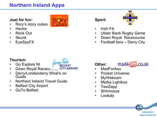 Northern Ireland Apps Just for fun: Rory’s story cubes Hector Rock Out Skunk EyeSpyFX Tourism: Go Explore NI Down Royal Racecourse Derry/Londonderry What's on Guide Northern Ireland Travel Guide Belfast City Airport GoTo Belfast Sport: Irish FA Ulster Bank Rugby Game Down Royal  Racecourse Football fans – Derry City Other: MadForAds Pocket Universe MyWebcam Media Lightbox  TaxiZapp Shhmooze Lookaly 