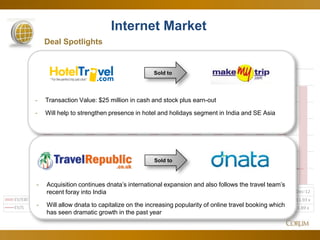 76
Internet Market
Deal Spotlights
Dec-11 Jan-12 Feb-12 Mar-12 Apr-12 May-12 Jun-12 Jul-12 Aug-12 Sep-12 Oct-12 Nov-12 Dec-12
EV/EBITDA 12.00 x 11.52 x 11.63 x 11.47 x 10.81 x 9.86 x 10.08 x 11.22 x 11.40 x 11.67 x 10.00 x 10.49 x 11.93 x
EV/S 1.70 x 2.58 x 2.24 x 2.13 x 1.85 x 1.75 x 1.89 x 2.19 x 2.03 x 2.02 x 2.06 x 1.96 x 1.89 x
- Transaction Value: $25 million in cash and stock plus earn-out
- Will help to strengthen presence in hotel and holidays segment in India and SE Asia
Sold to
- Acquisition continues dnata’s international expansion and also follows the travel team’s
recent foray into India
- Will allow dnata to capitalize on the increasing popularity of online travel booking which
has seen dramatic growth in the past year
Sold to
 