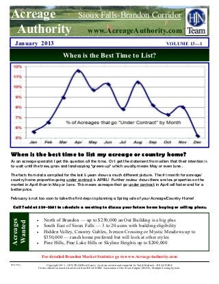 Acreage                                        Sioux Falls-Brandon Corridor
 Authority                                             www.AcreageAuthority.com
    January 2013                                                                                                      VOLUME 13—1

                                   When is the Best Time to List?




When is the best time to list my acreage or country home?
As an acreage specialist I get this question all the time. Or I get the statement from sellers that their intention is
to wait until the trees, grass and landscaping “greens up” which usually means May or even June .

The facts from data compiled for the last 5 years shows a much different picture. The #1 month for acreage/
country home properties going under contract is APRIL! Further review shows there are less properties on the
market in April than in May or June. This means acreages that go under contract in April sell faster and for a
better price.

February is not too soon to take the first steps in planning a Spring sale of your Acreage/Country Home!

  Call Todd at 359-5581 to schedule a meeting to discuss your future home buying or selling plans.

                   North of Brandon — up to $250,000 an Out Building is a big plus
Acreages
Wanted




                   South East of Sioux Falls — 3 to 20 acres with building eligibility
                   Hidden Valley, Country Gables, Iverson Crossing or Mystic Meadows up to
                    $350,000 — ranch home preferred but will look at other styles
                   Pine Hills, Pine Lake Hills or Skyline Heights up to $200,000

                   For detailed Brandon Market Statistics go to www.AcreageAuthority.com
Slide Share           Copyright 2013—HJN TEAM Real Estate. Analysis written and compiled by Todd Headrick—REALTOR®
                Unless otherwise noted data derived from REALTOR® Association of the Sioux Empire (RASE), Multiple Listing System.
 