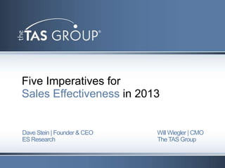 Five Imperatives for
Sales Effectiveness in 2013


Dave Stein | Founder & CEO   Will Wiegler | CMO
ES Research                  The TAS Group
 