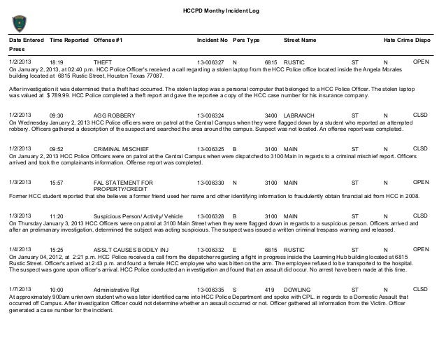 jan 2013 hccpd monthly incident log houston police department incident report