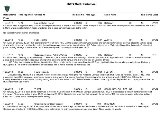jan 2013 hccpd monthly incident log city of austin incident report