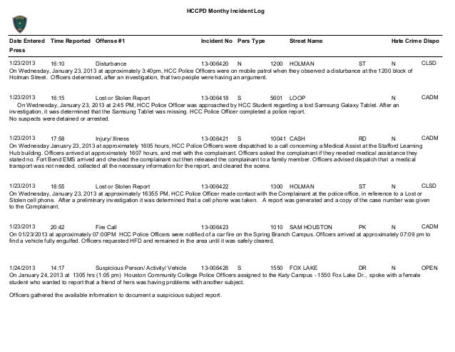 jan 2013 hccpd monthly incident log on an incident report who is the complainant