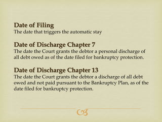 Date of Filing
The date that triggers the automatic stay

Date of Discharge Chapter 7
The date the Court grants the debtor a personal discharge of
all debt owed as of the date filed for bankruptcy protection.

Date of Discharge Chapter 13
The date the Court grants the debtor a discharge of all debt
owed and not paid pursuant to the Bankruptcy Plan, as of the
date filed for bankruptcy protection.



 