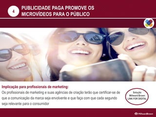PUBLICIDADE PAGA PROMOVE OS
MICROVÍDEOS PARA O PÚBLICO
Implicação para profissionais de marketing:
Os profissionais de marketing e suas agências de criação terão que certificar-se de
que a comunicação da marca seja envolvente e que faça com que cada segundo
seja relevante para o consumidor
4
Solução
Millward Brown
LINK FOR DIGITAL
 