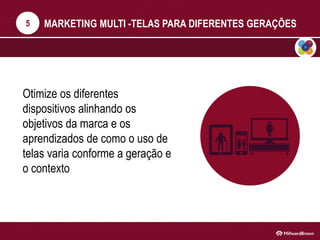 MARKETING MULTI -TELAS PARA DIFERENTES GERAÇÕES
Otimize os diferentes
dispositivos alinhando os
objetivos da marca e os
aprendizados de como o uso de
telas varia conforme a geração e
o contexto
5
 