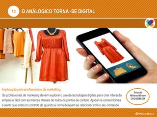 O ANÁLOGICO TORNA -SE DIGITAL
Implicação para profissionais de marketing:
Os profissionais de marketing devem explorar o uso de tecnologias digitais para criar interação
simples e fácil com as marcas através de todos os pontos de contato. Ajudar os consumidores
a sentir que estão no controle de quando e como desejam se relacionar com o seu conteúdo.
10
Solução
Millward Brown
CROSSMEDIA
 