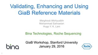 Validating, Enhancing and Using
GiaB Reference Materials
1
GiaB Workshop, Stanford University
January 29, 2016
Bina Technologies, Roche Sequencing
Marghoob Mohiyuddin
Mohammad Sahraeian
Hugo Y. K. Lam
 