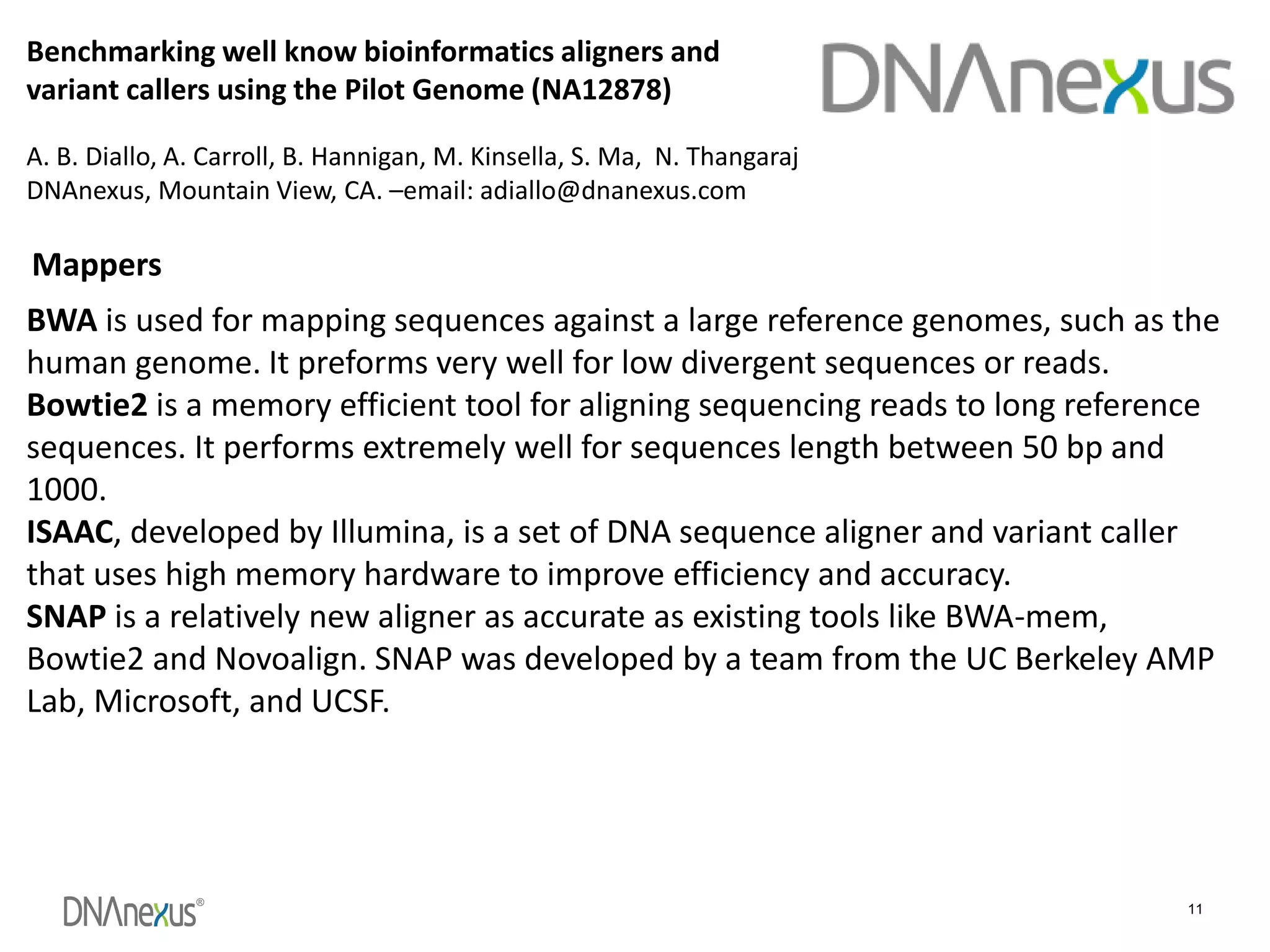 ®
11
Benchmarking well know bioinformatics aligners and
variant callers using the Pilot Genome (NA12878)
A. B. Diallo, A. Carroll, B. Hannigan, M. Kinsella, S. Ma, N. Thangaraj
DNAnexus, Mountain View, CA. –email: adiallo@dnanexus.com
BWA is used for mapping sequences against a large reference genomes, such as the
human genome. It preforms very well for low divergent sequences or reads.
Bowtie2 is a memory efficient tool for aligning sequencing reads to long reference
sequences. It performs extremely well for sequences length between 50 bp and
1000.
ISAAC, developed by Illumina, is a set of DNA sequence aligner and variant caller
that uses high memory hardware to improve efficiency and accuracy.
SNAP is a relatively new aligner as accurate as existing tools like BWA-mem,
Bowtie2 and Novoalign. SNAP was developed by a team from the UC Berkeley AMP
Lab, Microsoft, and UCSF.
Mappers
 
