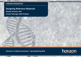 HORIZON DIAGNOSTICS
Designing Reference Materials
Natalie LaFranzo, PhD
Product Manager, NGS Products
Genome in a Bottle Consortium – Spring Meeting 2016
 