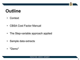 Outline
• Context
• CBSA Cost Factor Manual
• The Step-variable approach applied
• Sample data extracts
• "Demo"
2
 