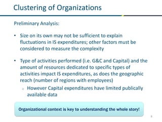 8
Clustering of Organizations
Preliminary Analysis:
• Size on its own may not be sufficient to explain
fluctuations in IS expenditures; other factors must be
considered to measure the complexity
• Type of activities performed (i.e. G&C and Capital) and the
amount of resources dedicated to specific types of
activities impact IS expenditures, as does the geographic
reach (number of regions with employees)
o However Capital expenditures have limited publically
available data
Organizational context is key to understanding the whole story!
 