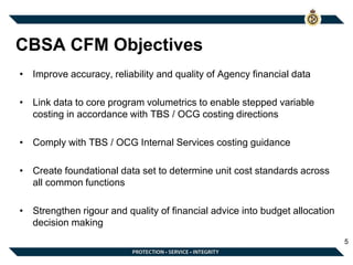 CBSA CFM Objectives
• Improve accuracy, reliability and quality of Agency financial data
• Link data to core program volumetrics to enable stepped variable
costing in accordance with TBS / OCG costing directions
• Comply with TBS / OCG Internal Services costing guidance
• Create foundational data set to determine unit cost standards across
all common functions
• Strengthen rigour and quality of financial advice into budget allocation
decision making
5
 