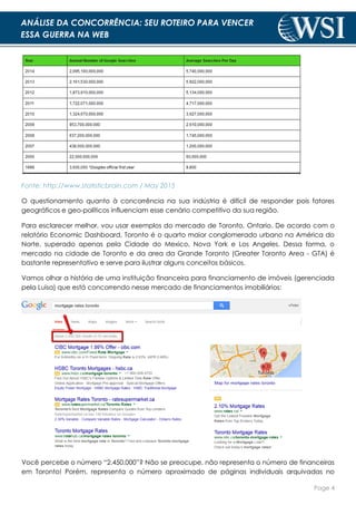Page 4
ANÁLISE DA CONCORRÊNCIA: SEU ROTEIRO PARA VENCER
ESSA GUERRA NA WEB
Fonte: http://www.statisticbrain.com / May 2015
O questionamento quanto à concorrência na sua indústria é difícil de responder pois fatores
geográficos e geo-políticos influenciam esse cenário competitivo da sua região.
Para esclarecer melhor, vou usar exemplos do mercado de Toronto, Ontario. De acordo com o
relatório Economic Dashboard, Toronto é o quarto maior conglomerado urbano na América do
Norte, superado apenas pela Cidade do Mexico, Nova York e Los Angeles. Dessa forma, o
mercado na cidade de Toronto e da area da Grande Toronto (Greater Toronto Area - GTA) é
bastante representativo e serve para ilustrar alguns conceitos básicos.
Vamos olhar a história de uma instituição financeira para financiamento de imóveis (gerenciada
pela Luisa) que está concorrendo nesse mercado de financiamentos imobiliários:
Você percebe o número “2.450.000”? Não se preocupe, não representa o número de financeiras
em Toronto! Porém, representa o número aproximado de páginas individuais arquivadas no
 