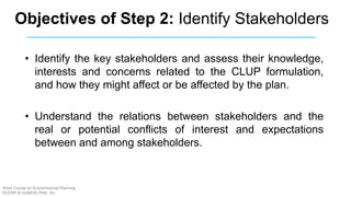 Objectives of Step 2: Identify Stakeholders
• Identify the key stakeholders and assess their knowledge,
interests and concerns related to the CLUP formulation,
and how they might affect or be affected by the plan.
• Understand the relations between stakeholders and the
real or potential conflicts of interest and expectations
between and among stakeholders.
Short Course on Environmental Planning
DCERP & HUMEIN Phils. Inc.
 
