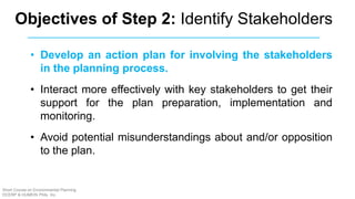 Objectives of Step 2: Identify Stakeholders
• Develop an action plan for involving the stakeholders
in the planning process.
• Interact more effectively with key stakeholders to get their
support for the plan preparation, implementation and
monitoring.
• Avoid potential misunderstandings about and/or opposition
to the plan.
Short Course on Environmental Planning
DCERP & HUMEIN Phils. Inc.
 