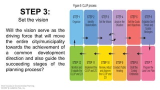 Will the vision serve as the
driving force that will move
the entire city/municipality
towards the achievement of
a common development
direction and also guide the
succeeding stages of the
planning process?
STEP 3:
Set the vision
Short Course on Environmental Planning
DCERP & HUMEIN Phils. Inc.
 