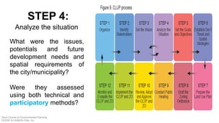 What were the issues,
potentials and future
development needs and
spatial requirements of
the city/municipality?
Were they assessed
using both technical and
participatory methods?
STEP 4:
Analyze the situation
Short Course on Environmental Planning
DCERP & HUMEIN Phils. Inc.
 