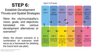 Were the city/municipality’s
vision, goals, and objectives
translated into various
development alternatives or
scenarios?
(Note: the chosen scenario or a
combination of scenarios shall
serve as a framework for detailing
the future land use plan)
STEP 6:
Establish Development
Thrusts and Spatial Strategies
Short Course on Environmental Planning
DCERP & HUMEIN Phils. Inc.
 