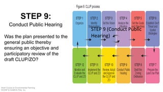 Was the plan presented to the
general public thereby
ensuring an objective and
participatory review of the
draft CLUP/ZO?
STEP 9:
STEP 9 (Conduct Public
Hearing)
Conduct Public Hearing
Short Course on Environmental Planning
DCERP & HUMEIN Phils. Inc.
 