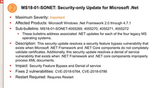 MS18-01-SONET: Security-only Update for Microsoft .Net
 Maximum Severity: Important
 Affected Products: Microsoft Windows .Net Framework 2.0 through 4.7.1
 Sub-bulletins: MS18-01-SONET-4055269, 4055270, 4055271, 4055272
 These bulletins address associated .NET updates for each of the four legacy MS
operating systems.
 Description: This security update resolves a security feature bypass vulnerability that
exists when Microsoft .NET Framework and .NET Core components do not completely
validate certificates. Additionally, this security update resolves a denial of service
vulnerability that exists when .NET Framework and .NET core components improperly
process XML documents.
 Impact: Security Feature Bypass and Denial of service
 Fixes 2 vulnerabilities: CVE-2018-0764, CVE-2018-0786
 Restart Required: Requires Restart
 