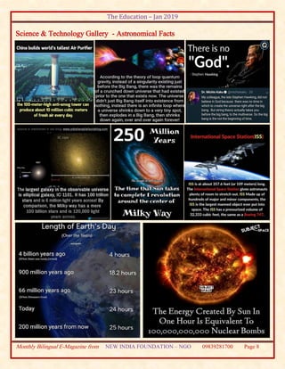 The Education – Jan 2019
Monthly Bilingual E-Magazine from NEW INDIA FOUNDATION – NGO 09839281700 Page 8
Science & Technology Gallery - Astronomical Facts
 