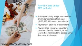 Payroll Costs under PPP include:
 Allowance for dismissal or
separation;
 Payment required for the provisions
of group h...