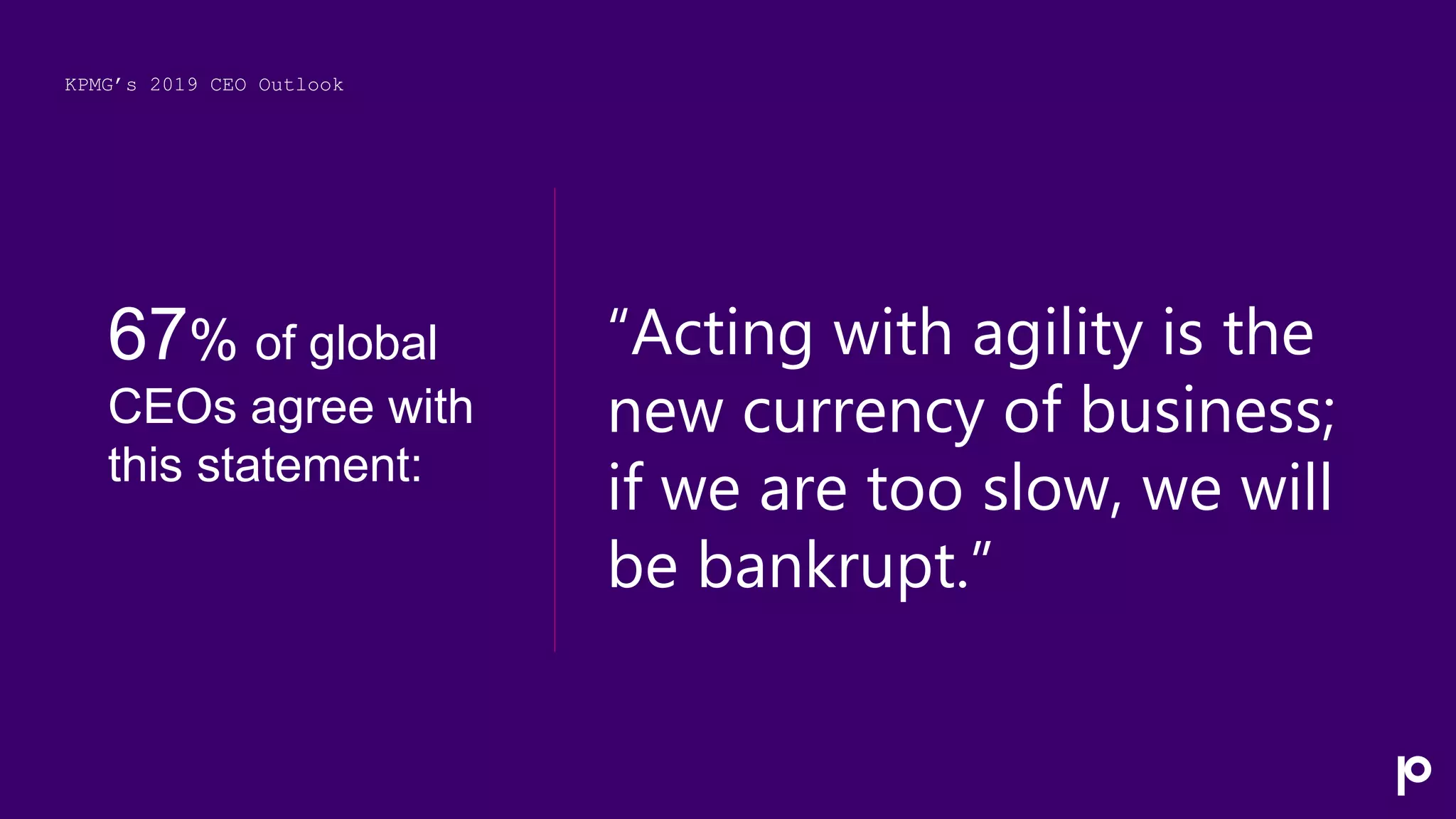 KPMG’s 2019 CEO Outlook
“Acting with agility is the
new currency of business;
if we are too slow, we will
be bankrupt.”
67% of global
CEOs agree with
this statement:
 