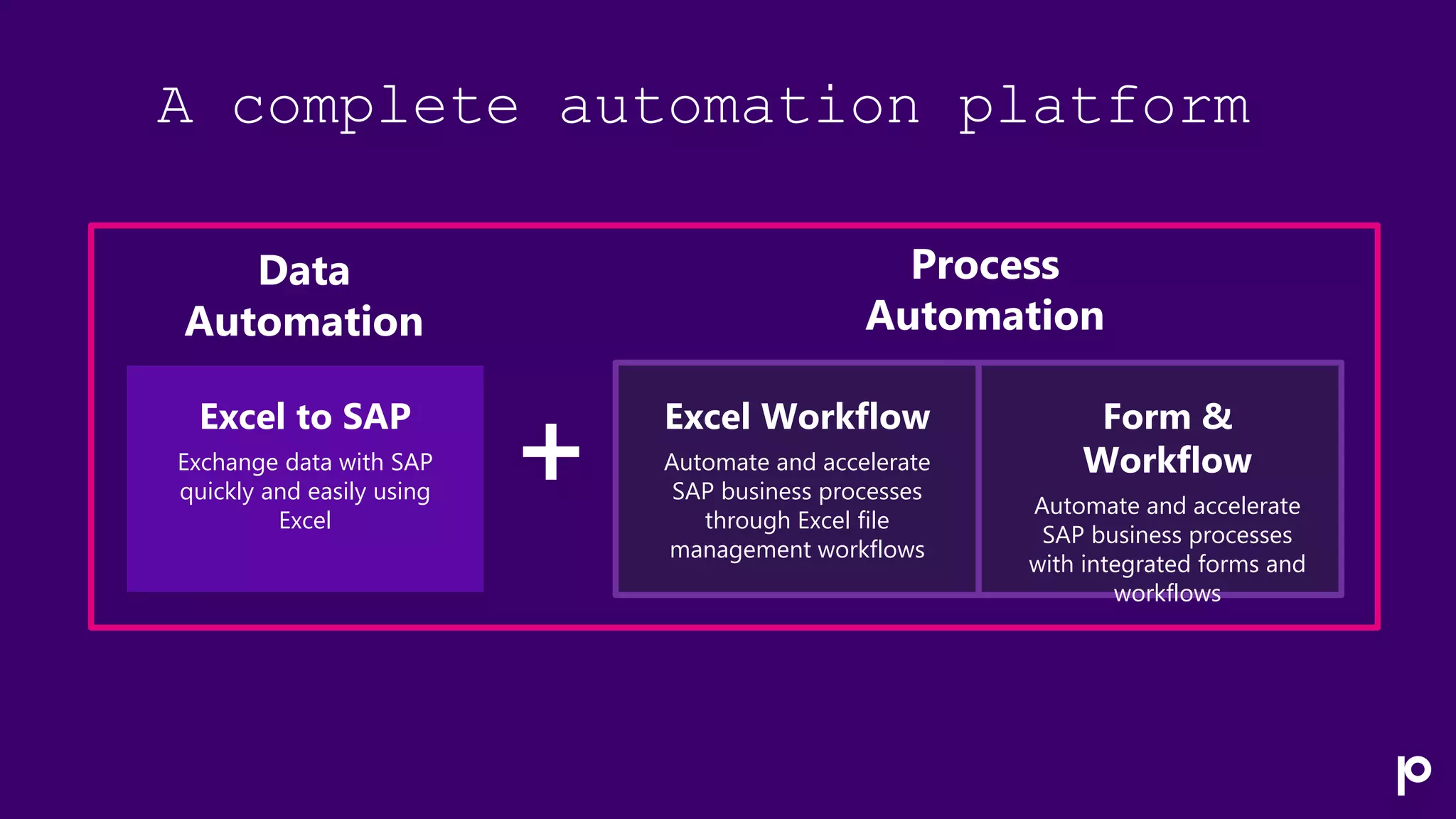 A complete automation platform
Excel to SAP
Exchange data with SAP
quickly and easily using
Excel
Form &
Workflow
Automate and accelerate
SAP business processes
with integrated forms and
workflows
Excel Workflow
Automate and accelerate
SAP business processes
through Excel file
management workflows
Process
Automation
Data
Automation
 