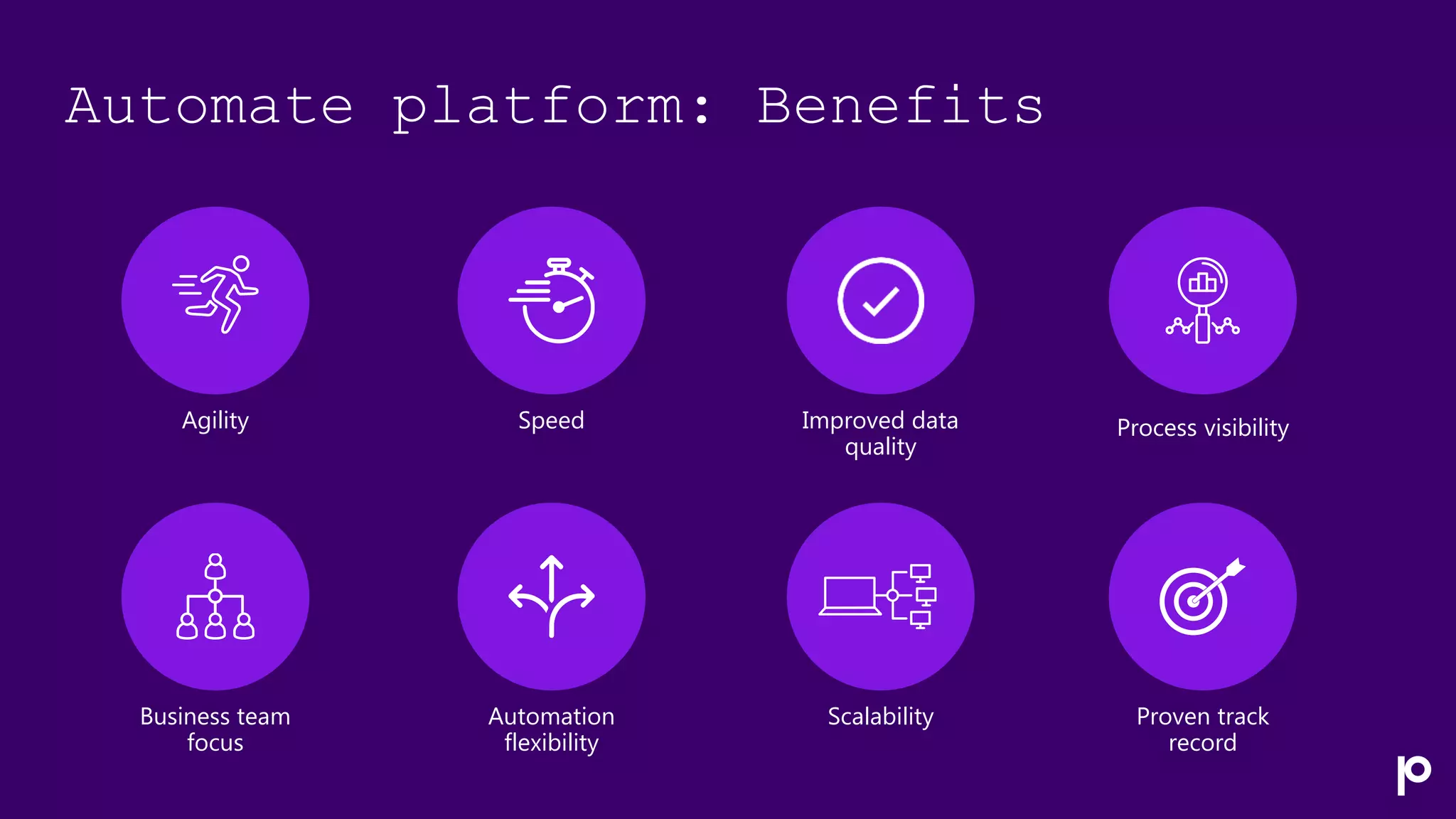 Automate platform: Benefits
Agility Speed Improved data
quality
Business team
focus
Automation
flexibility
Scalability Proven track
record
Process visibility
 
