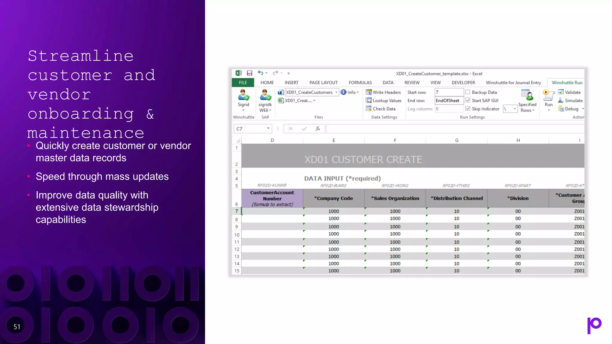 Streamline
customer and
vendor
onboarding &
maintenance
• Quickly create customer or vendor
master data records
• Speed through mass updates
• Improve data quality with
extensive data stewardship
capabilities
51
 