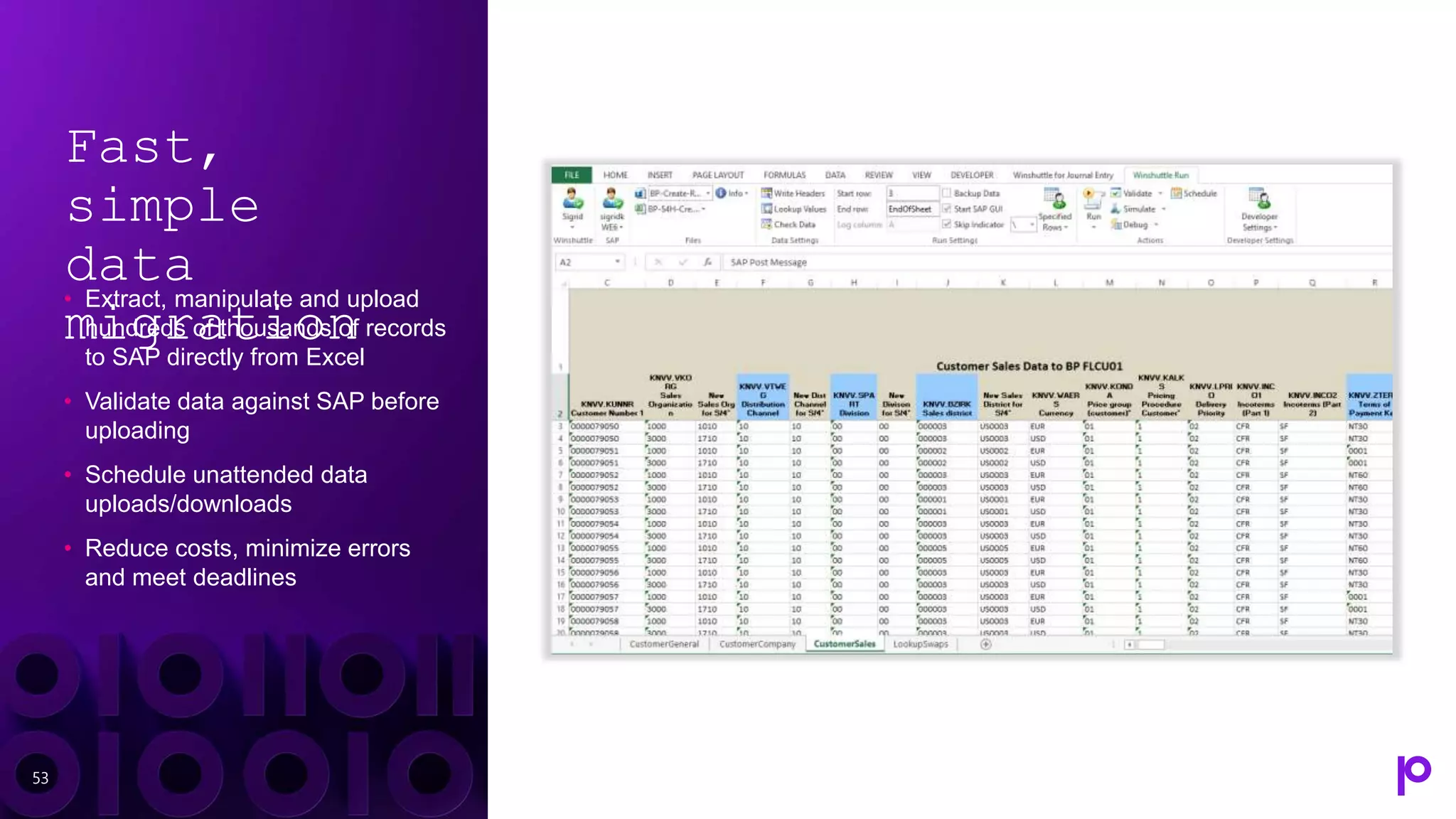Fast,
simple
data
migration
• Extract, manipulate and upload
hundreds of thousands of records
to SAP directly from Excel
• Validate data against SAP before
uploading
• Schedule unattended data
uploads/downloads
• Reduce costs, minimize errors
and meet deadlines
53
 