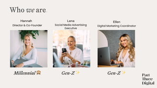 Who we are.
Hannah
Director & Co-Founder
Millennial 🙈
Hannah Lena
Director & Co-Founder Social Media Advertising
Executive
Millennial 🙈 Gen-Z ✨
Ellen
Digital Marketing Coordinator
Gen-Z ✨
 