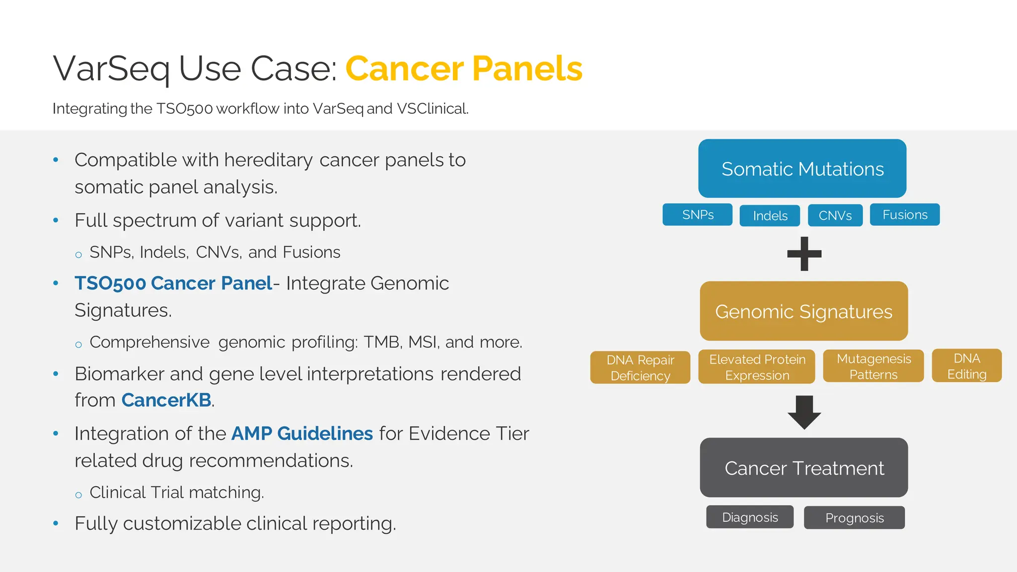 VarSeq Use Case: Cancer Panels
Integrating the TSO500 workflow into VarSeq and VSClinical.
• Compatible with hereditary cancer panels to
somatic panel analysis.
• Full spectrum of variant support.
o SNPs, Indels, CNVs, and Fusions
• TSO500 Cancer Panel- Integrate Genomic
Signatures.
o Comprehensive genomic profiling: TMB, MSI, and more.
• Biomarker and gene level interpretations rendered
from CancerKB.
• Integration of the AMP Guidelines for Evidence Tier
related drug recommendations.
o Clinical Trial matching.
• Fully customizable clinical reporting.
Somatic Mutations
Cancer Treatment
Diagnosis Prognosis
Indels CNVs Fusions
Genomic Signatures
DNA Repair
Deficiency
DNA
Editing
Mutagenesis
Patterns
Elevated Protein
Expression
SNPs
 