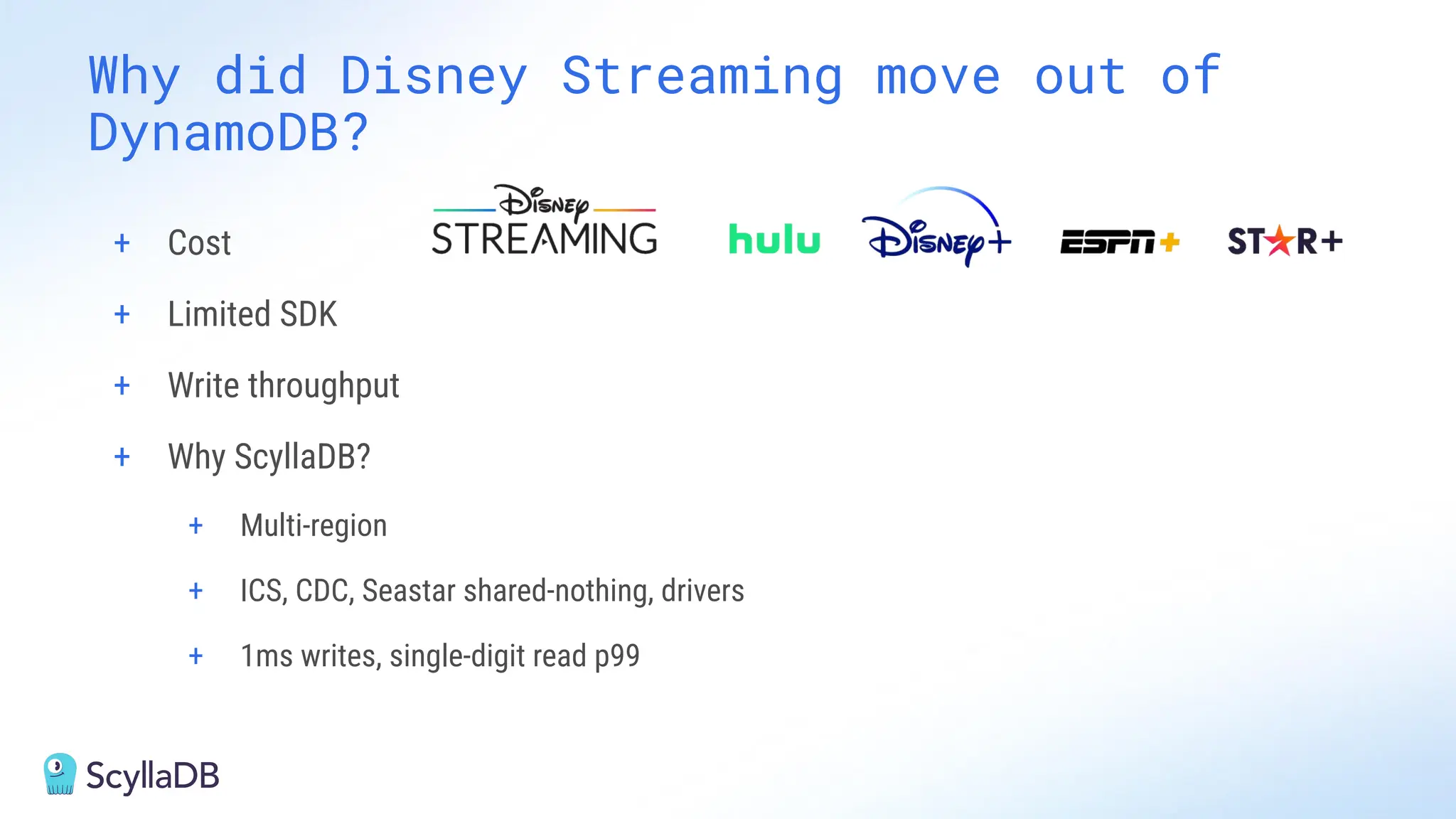 + Cost
+ Limited SDK
+ Write throughput
+ Why ScyllaDB?
+ Multi-region
+ ICS, CDC, Seastar shared-nothing, drivers
+ 1ms writes, single-digit read p99
Why did Disney Streaming move out of
DynamoDB?
 