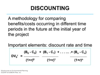 DISCOUNTING
A methodology for comparing
benefits/costs occurring in different time
periods in the future at the initial year of
the project
Important elements: discount rate and time
(B0 - C0) + (B1 - C1) + . . . … .+ (Bn - Cn)
DV0
r =
(1+r)0 (1+r)1 (1+r)n
Shortcourse on Environmental Planning
DCERP & HUMEIN Phils. Inc.
 