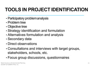 TOOLS IN PROJECT IDENTIFICATION
• Participatory problemanalysis
• Problem tree
• Objective tree
• Strategy identification and formulation
• Alternatives formulation and analysis
• Secondary data
• Direct observations
• Consultations and interviews with target groups,
stakeholders, schools, etc.
• Focus group discussions, questionnaires
11
15Short Course on Environmental Planning
DCERP & HUMEIN Phils. Inc.
 
