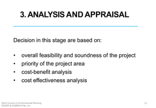 3. ANALYSIS AND APPRAISAL
Decision in this stage are based on:
• overall feasibility and soundness of the project
• priority of the project area
• cost-benefit analysis
• cost effectiveness analysis
19Short Course on Environmental Planning
DCERP & HUMEIN Phils. Inc.
 