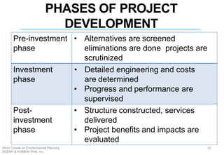 PHASES OF PROJECT
DEVELOPMENT
Pre-investment
phase
• Alternatives are screened
eliminations are done projects are
scrutinized
Investment
phase
• Detailed engineering and costs
are determined
• Progress and performance are
supervised
Post-
investment
phase
• Structure constructed, services
delivered
• Project benefits and impacts are
evaluated
29
7
Short Course on Environmental Planning
DCERP & HUMEIN Phils. Inc.
 