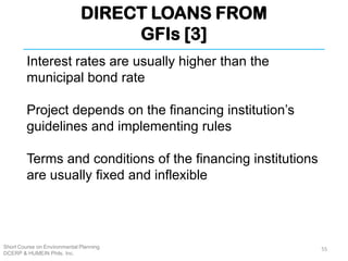 DIRECT LOANS FROM
GFIs [3]
Short Course on Environmental Planning
DCERP & HUMEIN Phils. Inc.
Interest rates are usually higher than the
municipal bond rate
Project depends on the financing institution’s
guidelines and implementing rules
Terms and conditions of the financing institutions
are usually fixed and inflexible
55
 