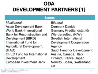 ODA
DEVELOPMENT PARTNERS [1]
Short Course on Environmental Planning
DCERP & HUMEIN Phils. Inc.
60
Loans
Multilateral
Asian Development Bank
World Bank-International
Bank for Reconstruction and
Development (IBRD)
International Fund for
Agricultural Development,
(IFAD)
OPEC Fund for International
Development
European Investment Bank
Bilateral
Denmark Danida
Germany Kreditandstat für
Wierderaufbau (KfW)
Swedish International
Development Cooperation
Agency
Saudi Fund for Development
Austria, Canada, Italy,
Finland, France, Japan
Norway, Spain, Switzerland,
UK
 
