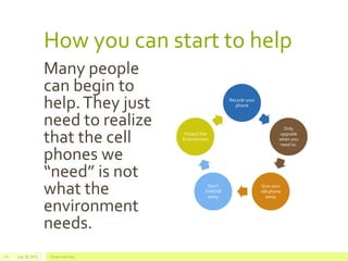 How you can start to help
Many people
can begin to
help.They just
need to realize
that the cell
phones we
“need” is not
what the
environment
needs.
Recycle your
phone
Only
upgrade
when you
need to.
Give your
old phone
away
Don’t
THROW
away
Protect the
Environment
July 22, 2012 Footer text here10
 